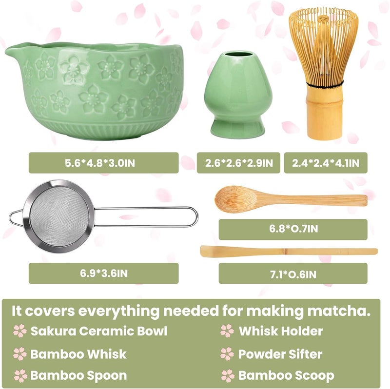 RANERANE Matcha Whisk Set, Sakura Cyan Ceramic Matcha Set Includes Matcha Bowl, Matcha Whisk (Chasen) and Holder, Sifter, Bamboo Scoop & Spoon - 6 Pcs Matcha Kit for Matcha Lovers - Image 2